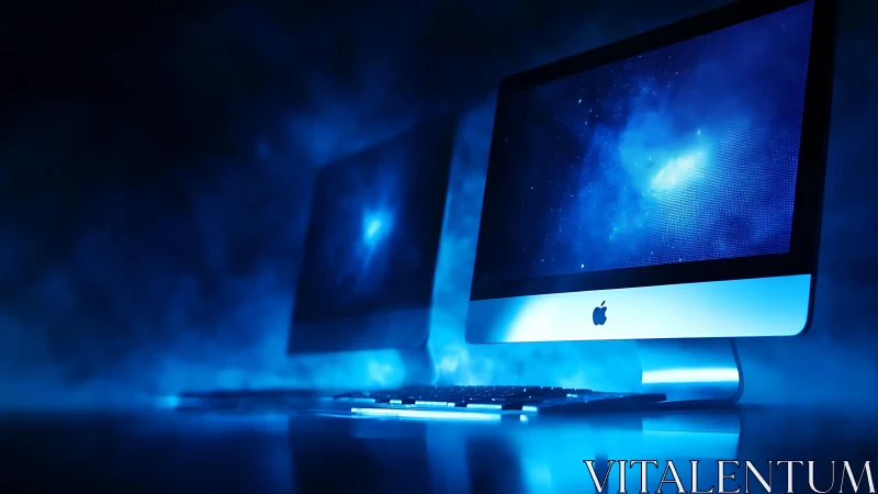 Nebula-lit desktop duo hums in cobalt studio glow.