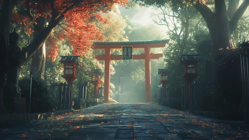 Autumn shrine path breathes through mist beneath vermilion gate.