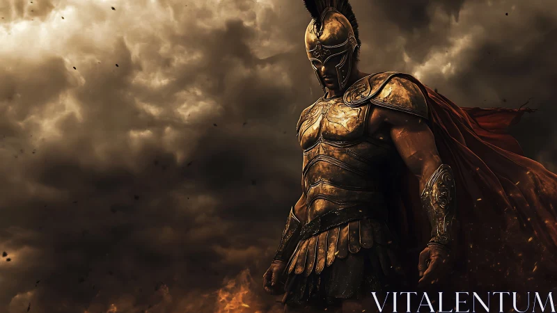 Bronze thunderstorm crowns a lone warrior in burning dusk