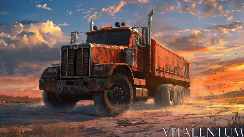 Rust-red titan truck rumbling through a blazing sunset road.