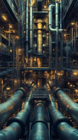 Industrial pipe labyrinth glows under cinematic lights.