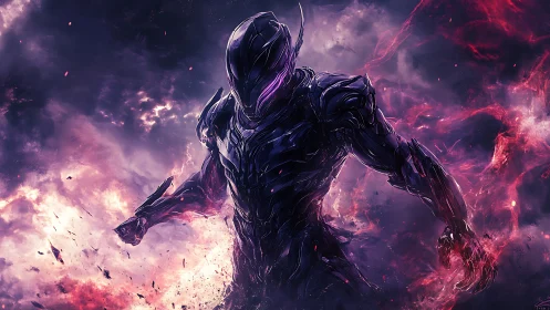 Armored humanoid figure in glowing purple energy field.
