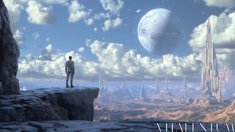 Solitary surveyor on stratified alien plateau under gas giant.