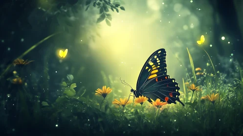 Butterfly on yellow flowers in softly lit forest clearing.