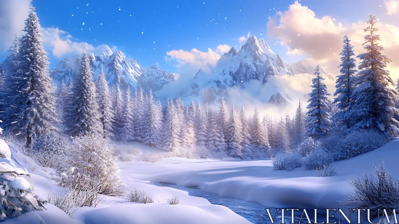 Snow-laden alpine conifers frame crystalline river under peaks