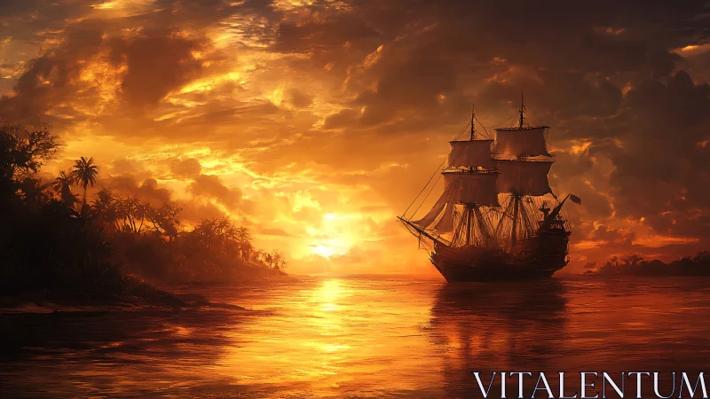 Tall ship silhouettes sail through incandescent tropical sunset.