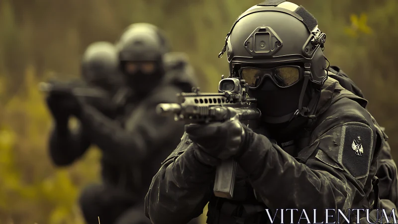 Tactical soldiers advance with rifles in outdoor formation