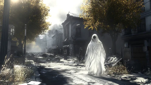 Ghostly figure in ruined urban street under harsh light.