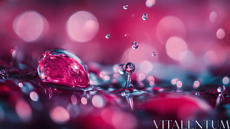 Macro capture freezes rose-tinted droplets in luminous bokeh field