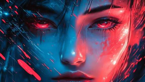Cybernetic portrait renders neon-lit dual chromatic face