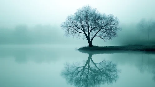 Solitary deciduous tree stands on misted lakeshore with reflection