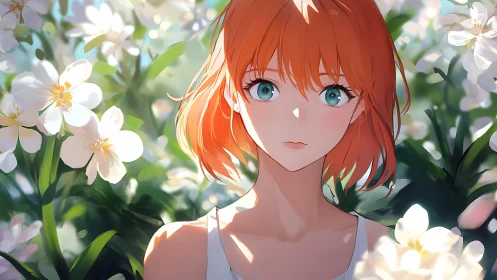Red haired anime girl stands among white flowers outdoors