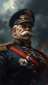 Storm-lit marshall in gilded uniform beneath brooding skies.