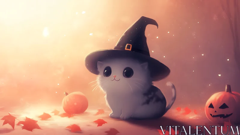 Cute Halloween kitten in witch hat under warm backlight glow