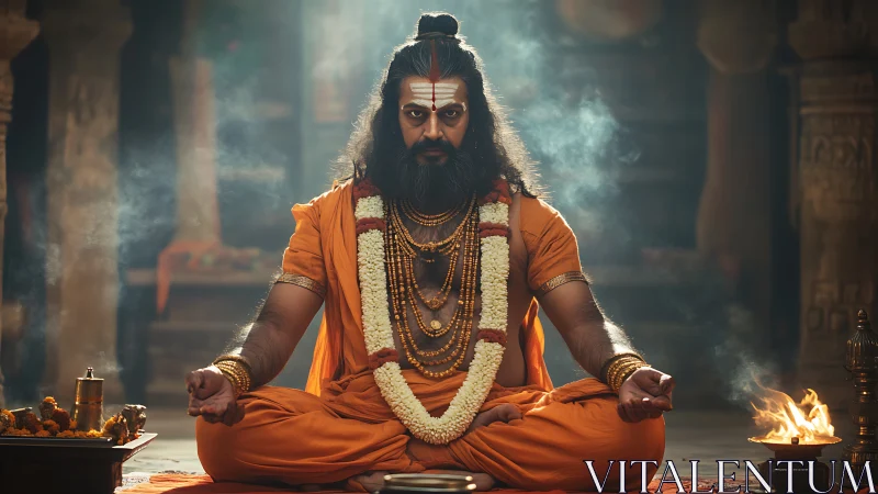 Hindu sage in temple interior rendered with dramatic photorealism