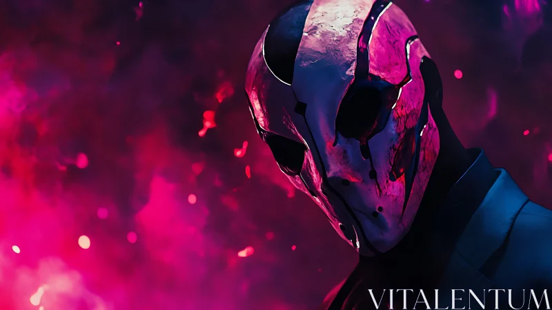 Chromed skull mask character under magenta volumetric nebula lighting