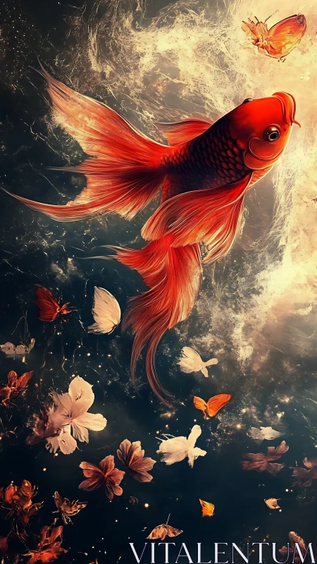 Orange fish and butterflies in dark fluid environment.