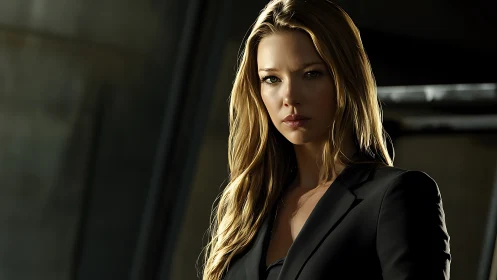 Confident woman in a black blazer in soft golden light.