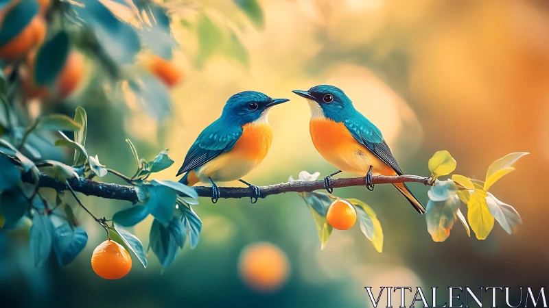 Vibrant songbirds on fruit tree branch in dreamy pastel style.
