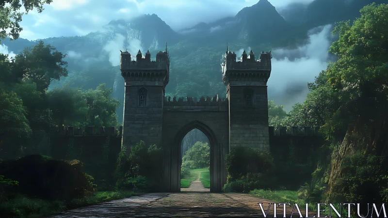 Misty mountain gatehouse stands guard over a hidden valley