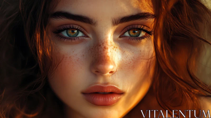 Close-up portrait of red-haired woman with intense gaze.