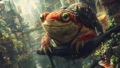 Cybernetic toad overlooking vertical jungle megacity.