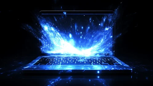 Exploding blue data stream erupts from glowing laptop screen.