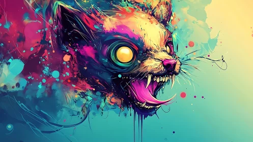 Neon wildcat roar splashed in electric cosmic color storm.