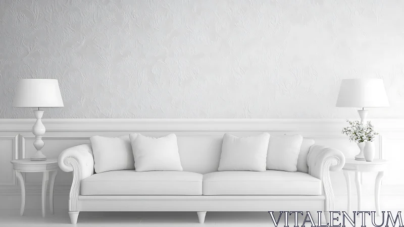 Minimalist white living room sofa with classic side tables.