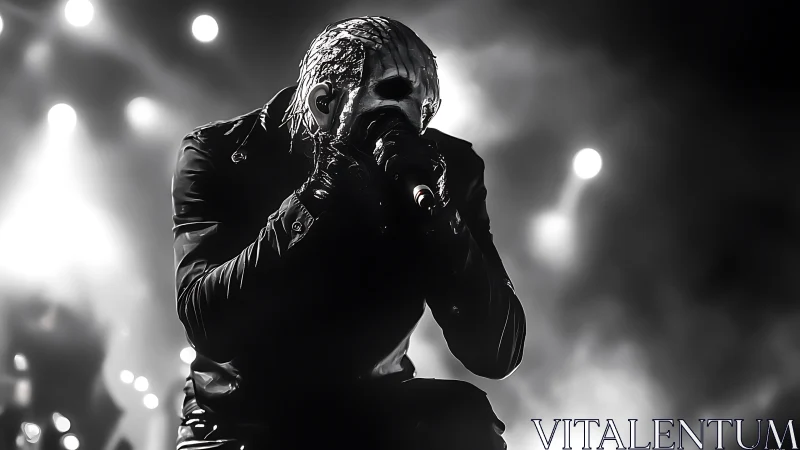 Masked rock vocalist bathed in smoky stage lights.