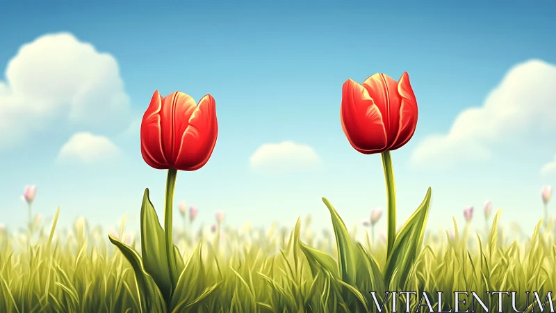 Two red tulips standing in green grass under blue sky.