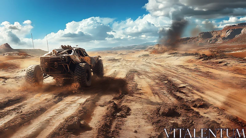 Armored off-road buggy racing through cinematic desert wasteland