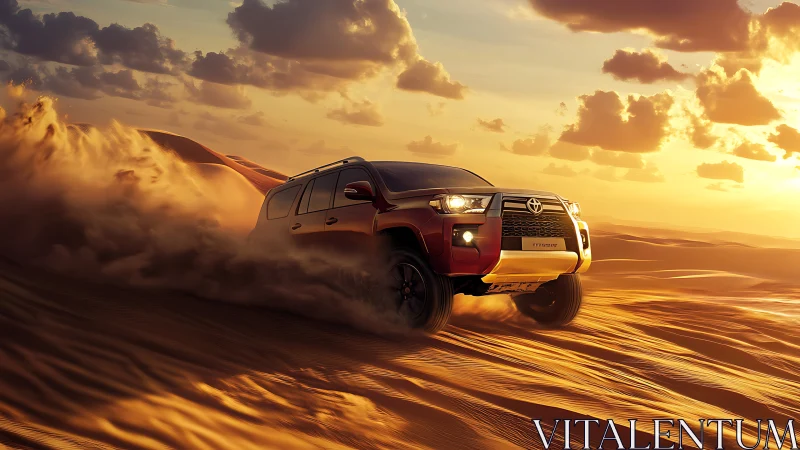 Red SUV driving across sunlit desert sand dunes at sunset.