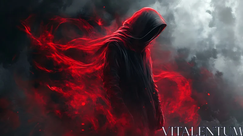 Hooded wraith cloaked in burning crimson spectral fog.