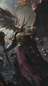 Winged warlord of ruin strides through stormlit battlefield.