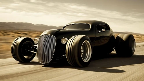 Streamlined black hot rod racing through desert highway.