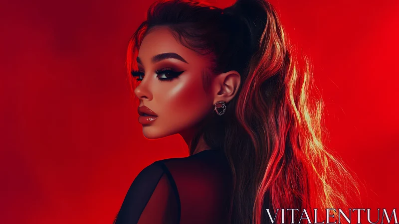 Scarlet-lit siren glows with molten glamour and resolve.