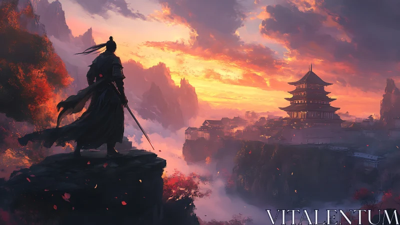 Samurai silhouette overlooking temple at cinematic sunset.