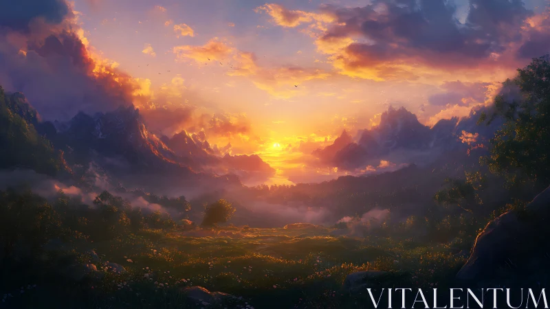 Sunlit valley cradled by misty mountains at golden hour.