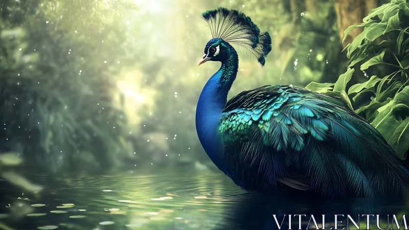 Majestic blue peacock rests by reflective jungle water