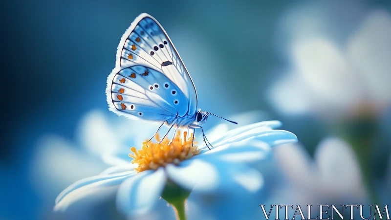 Blue butterfly on white daisy in soft out-of-focus garden.