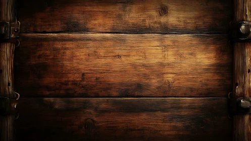 Warm rustic wooden planks with timeworn metal hinges.