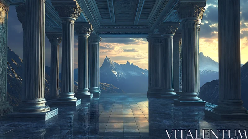 Sunlit marble colonnade overlooks distant snow peaks