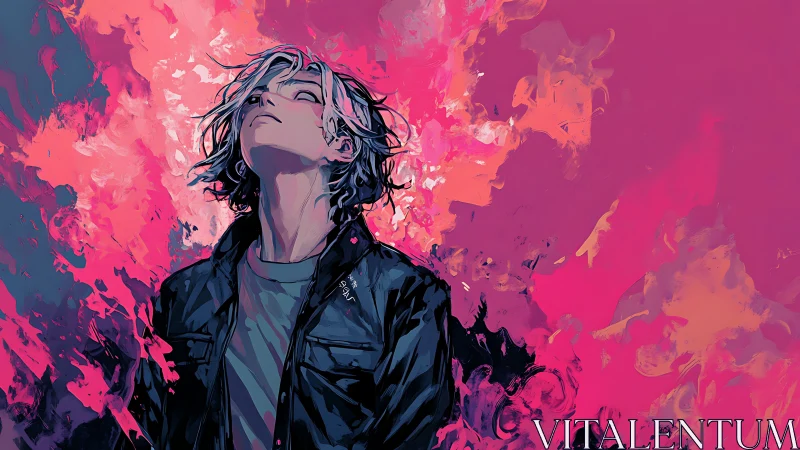 Digital portrait depicts person in jacket amid abstract flames