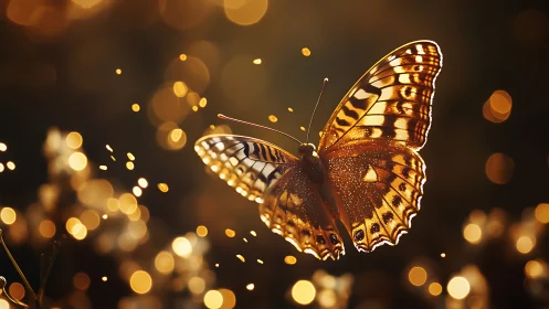 Golden butterfly drifting through soft evening sparkles.