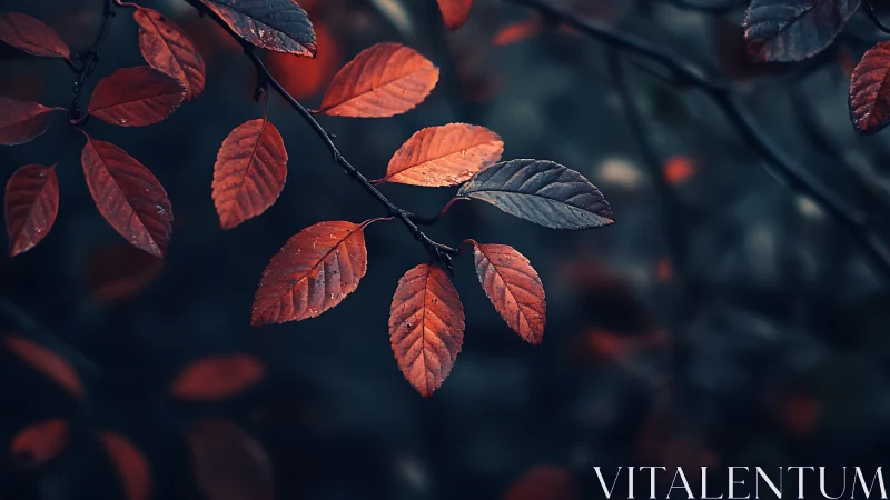 Vibrant Red Autumn Leaves on Branch, Moody Nature Photography.