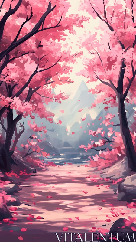 Serene cherry blossom river corridor with distant hazy peaks