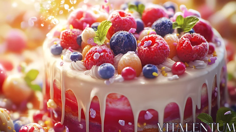 Artisanal Mixed Berry Layer Cake with Cream Drip and Fresh Fruit Garnish.