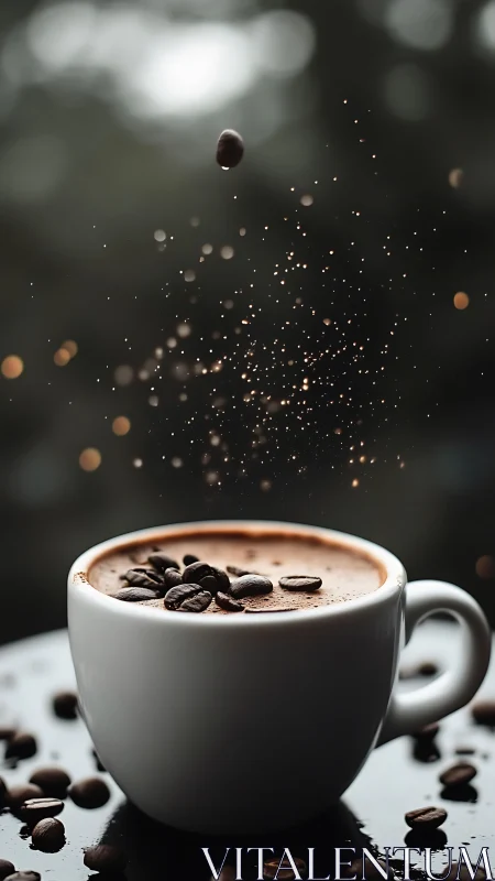 White cup of coffee with flying beans and dark background.