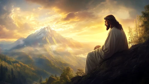 Sunlit figure rests in quiet prayer above glowing mountains
